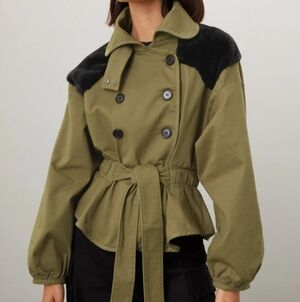 Marissa Webb Faux Fur Belted Coat Women's Size 12 Olive Green Jacket